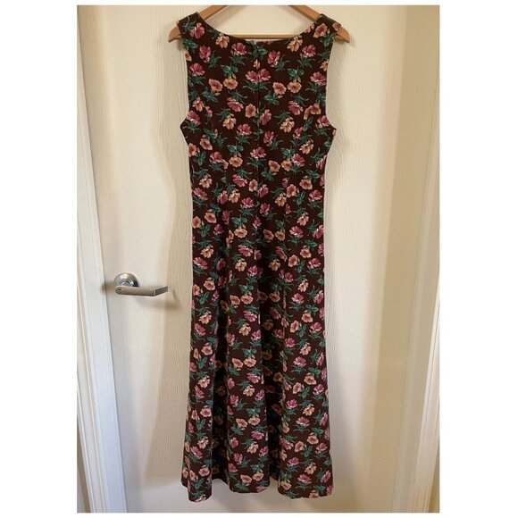 Vintage Cottagecore Brown Floral Corduroy Sleeveless Midi Dress | Large - Picture 5 of 11